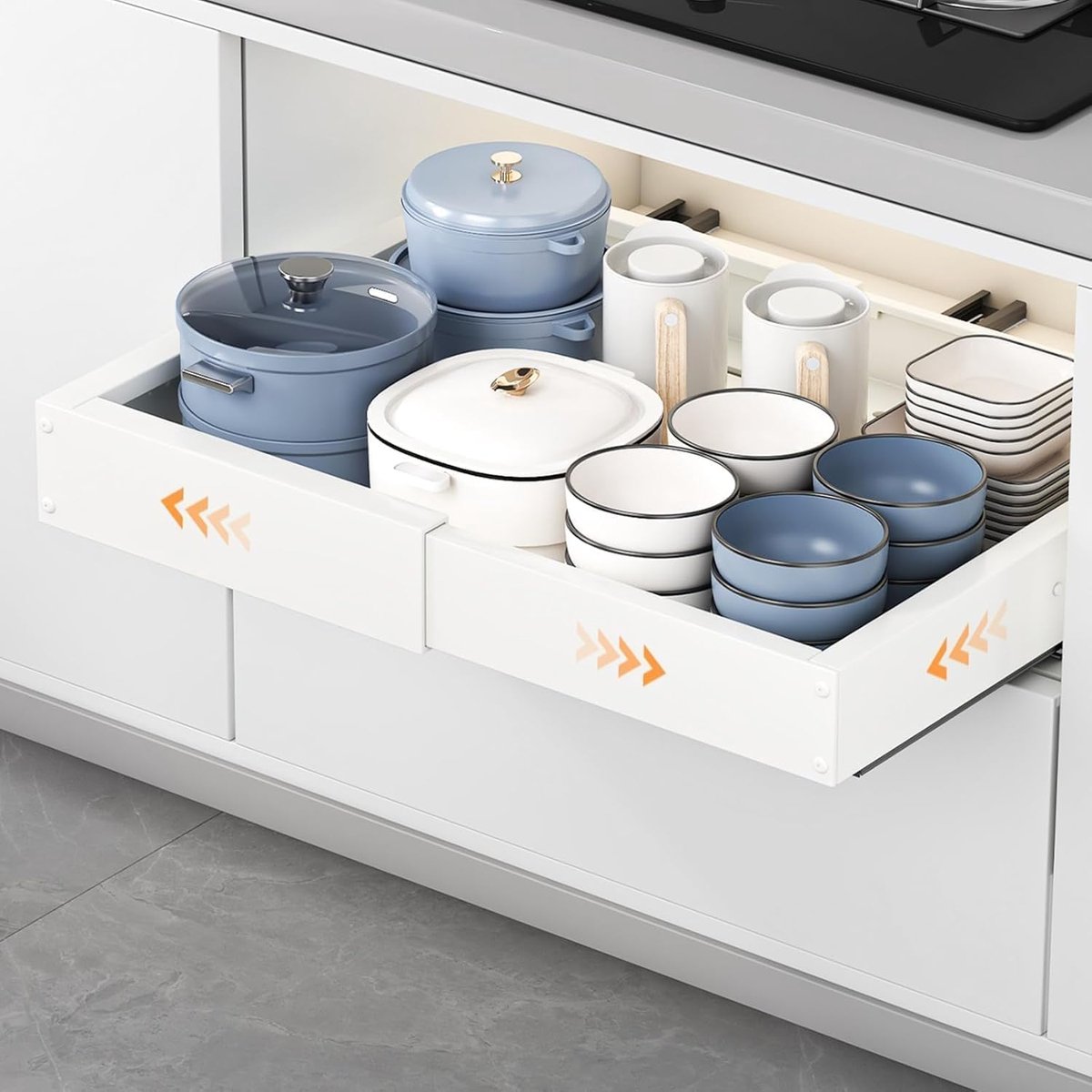 Thijox - Uitklapbare Keukenlade 41,5-55 cm Diep & 29-48 cm Breed, Telescopische Keukenlade Organizer, Geen Boren, Witte Keuken Organizer voor Onderkas