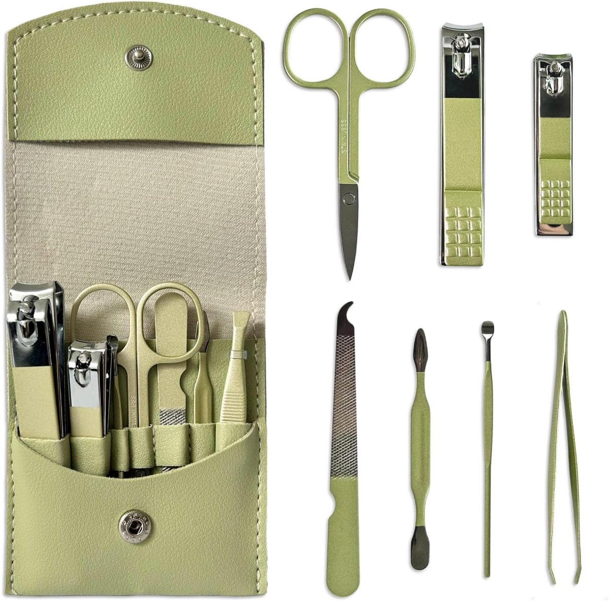 Thijox - 7-delige manicureset voor dames en heren | Professionele nagel- en pedicureset | Reisformaat in groen | Perfect voor thuis, vakantie en onder
