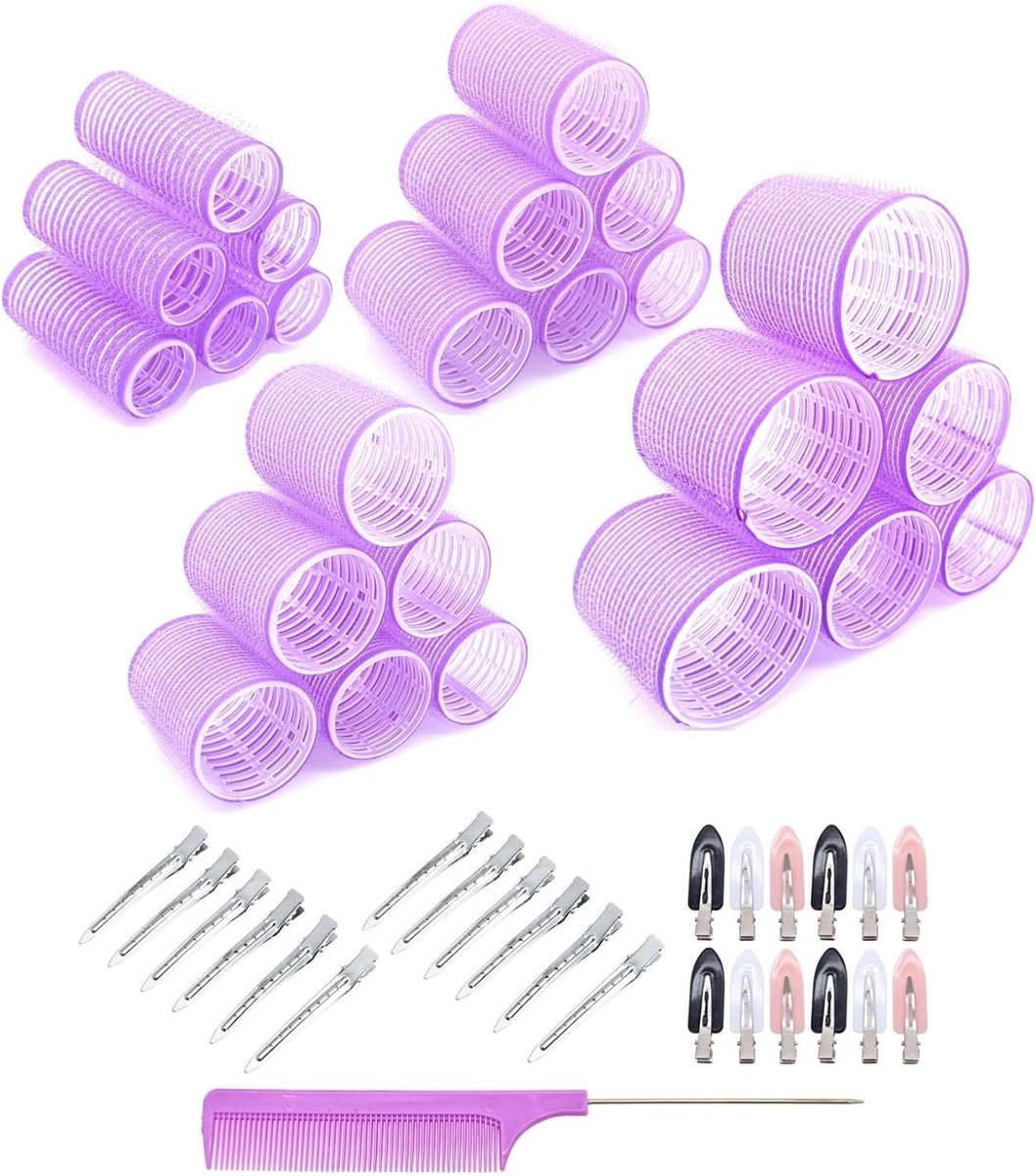 Thijox - 49 in 1 Haarrollers Set voor Lang/Kort Haar - Extra Grote, Grote, Medium en Kleine Hitteloze Klittenband Rollen met Clips voor Volumineuze Kr