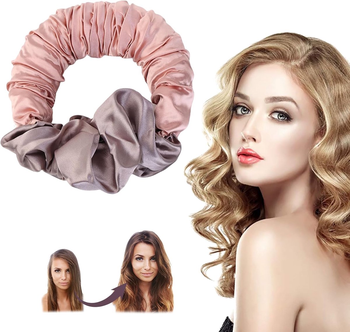 Thijox - Heatless Curls Satijnen Scrunchies Roze Haar Krullers zonder Hitte voor Gezonde Krullen, Nachtelijke Haarkrullers voor Gemiddeld en Lang Haar