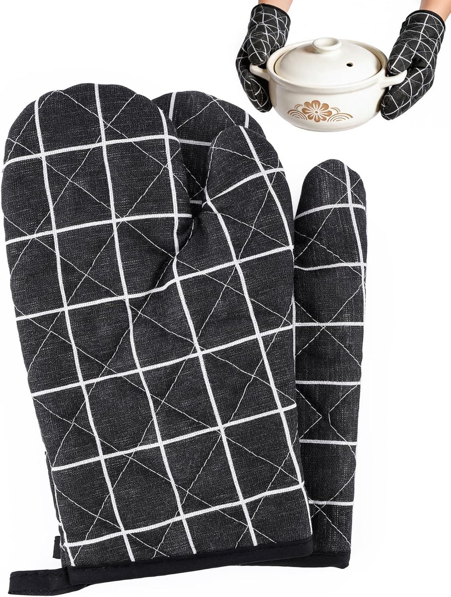 Thijox - Ovenwanten Wasbaar Hittebestendig voor Koken, Bakken en Barbecueën - Zwart - Comfortabele Katoenmix - 1 Paar - 26x16 cm
