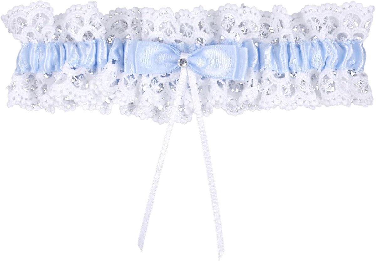 Elegante Bruids Garter met Blauwe Strik en Kanten, Rekbare Beenband voor Bruidsmeisjes en Feestjes