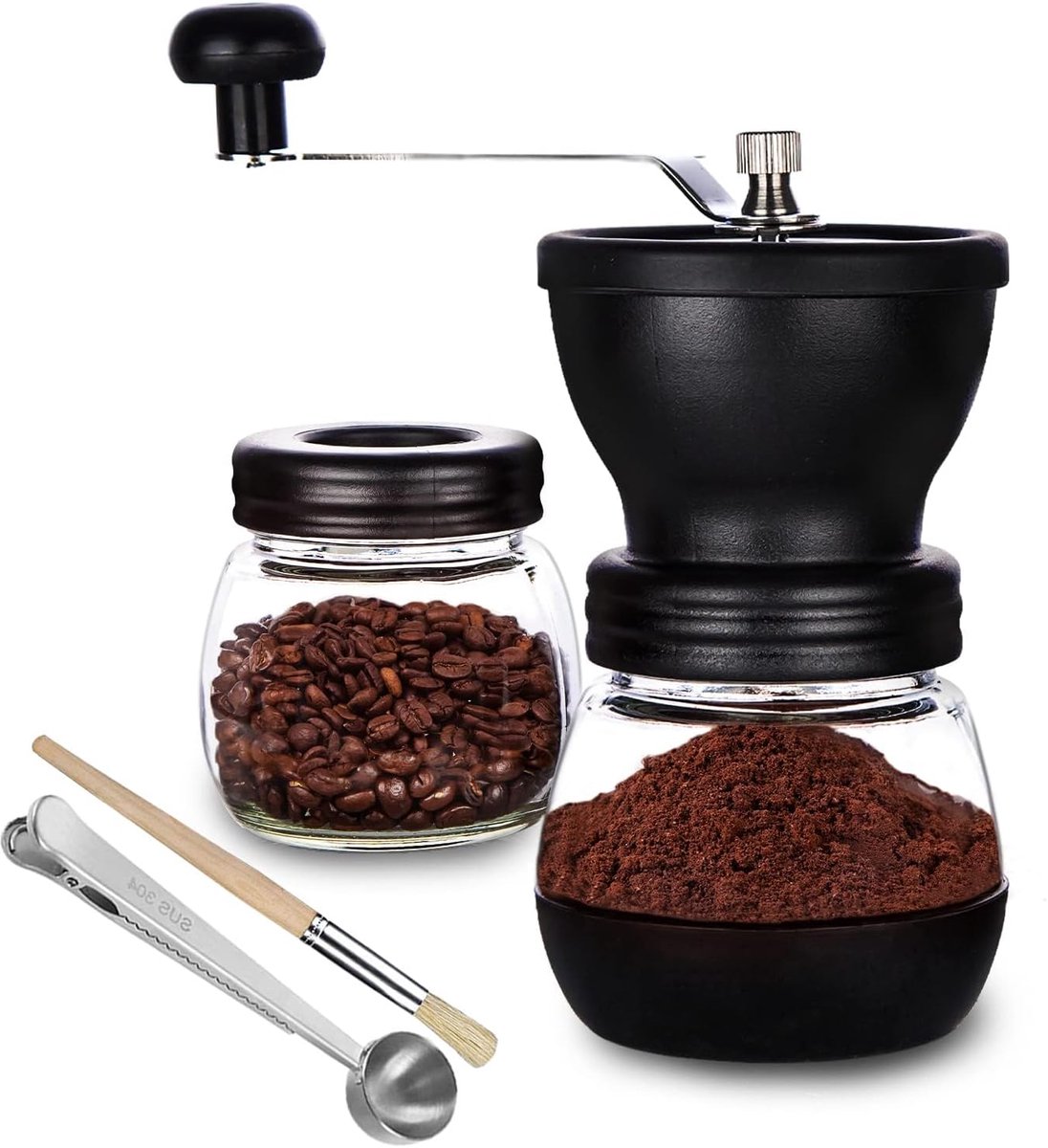 Thijox - Handmatige Koffiebonenmolen met Keramische Braam, 2 Glazen Potten (11 oz), Draagbare Koffiemolen voor Kamperen, Handzwengel, Antislip Silicon