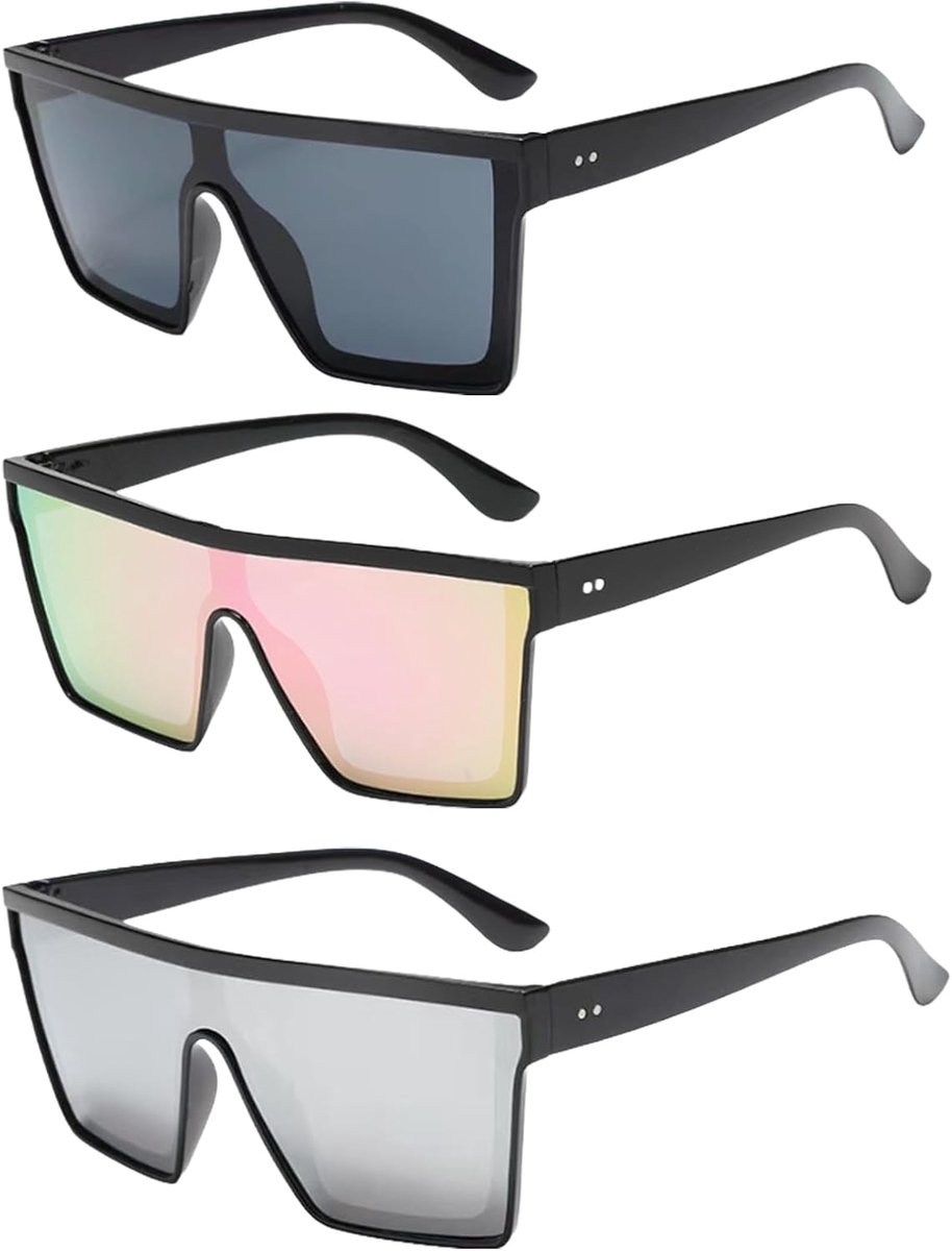 Thijox - 3 Stuks Retro Vierkante Zonnebril - Grote Mode - Platte Top - Oversized UV400 Bescherming - Dames en Heren - Ideaal voor Zomer, Feest en Outd