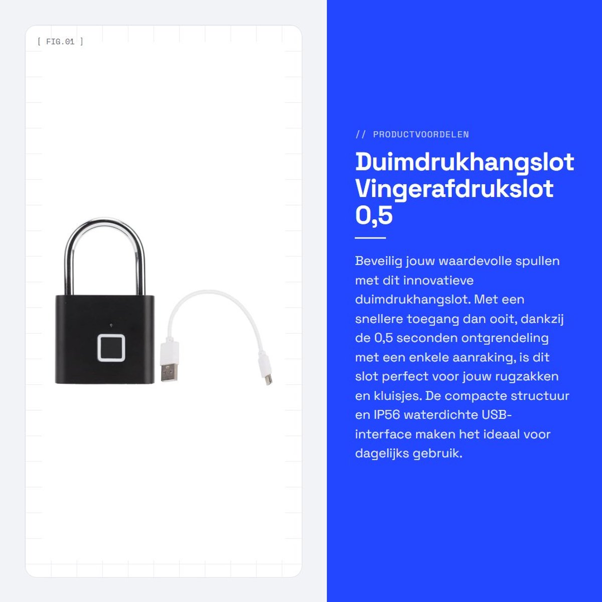 Dailygoods - Duimdrukhangslot - Vingerafdrukslot - 0,5 seconden ontgrendelen - Zwart - Waterdicht - Compact en veilig - Geschikt voor rugzakken en klu...