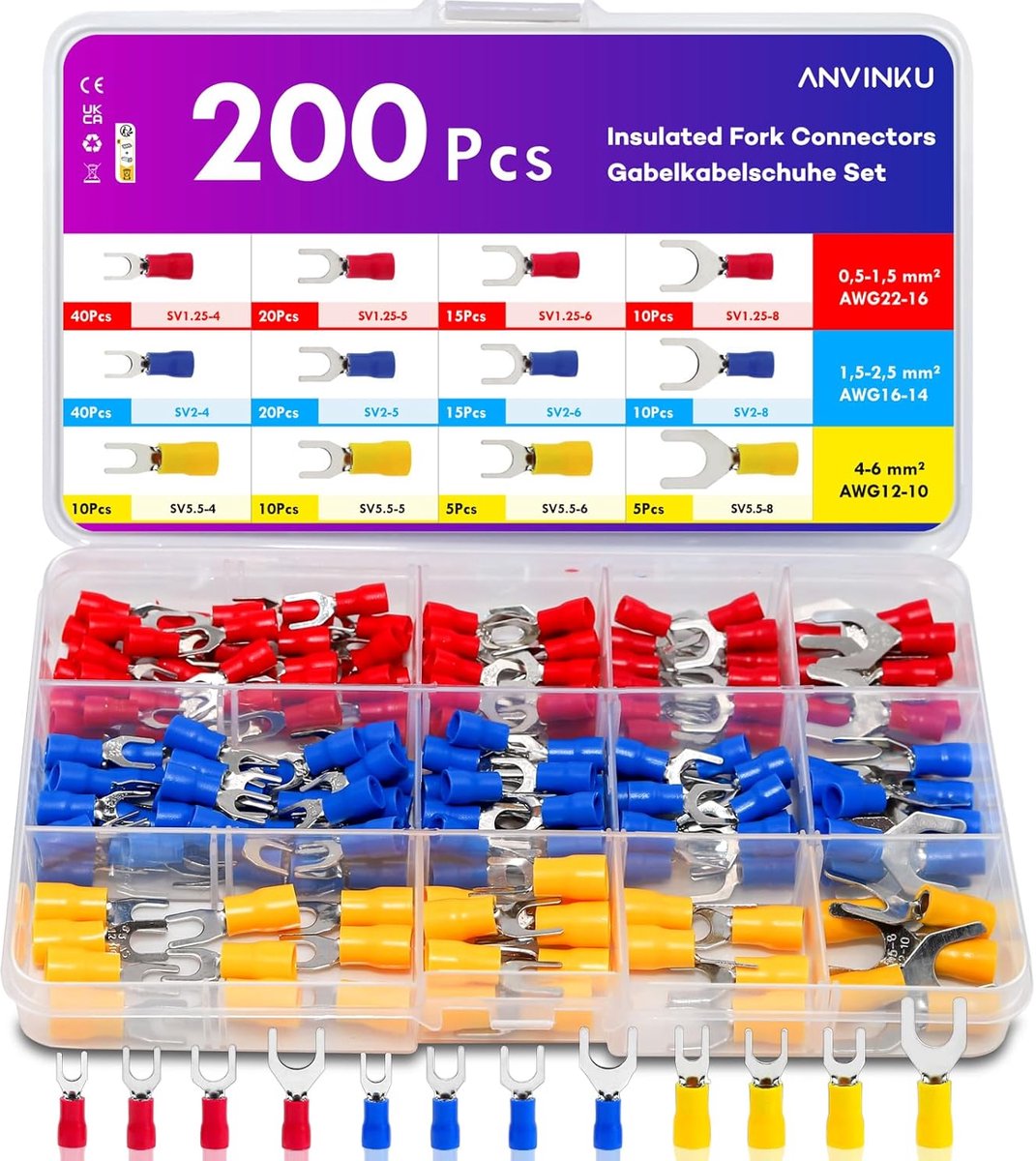 Thijox - Vorkkabelschoenen 200 stuks, 0,5-6,0 mm² Gedeeltelijk Geïsoleerd M4/M5/M6/M8 Kabelschoenen voor Monteurs en Elektriciens