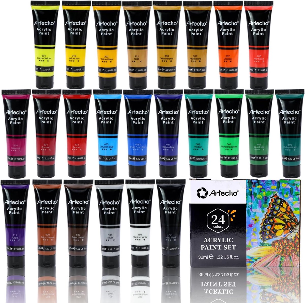 Thijox - Acrylverfset 24 Kleuren 36 ml - Professionele Kunstbenodigdheden voor Hout, Stof, Canvas, Leer en Steen - Waterbestendig en Dekking voor Crea