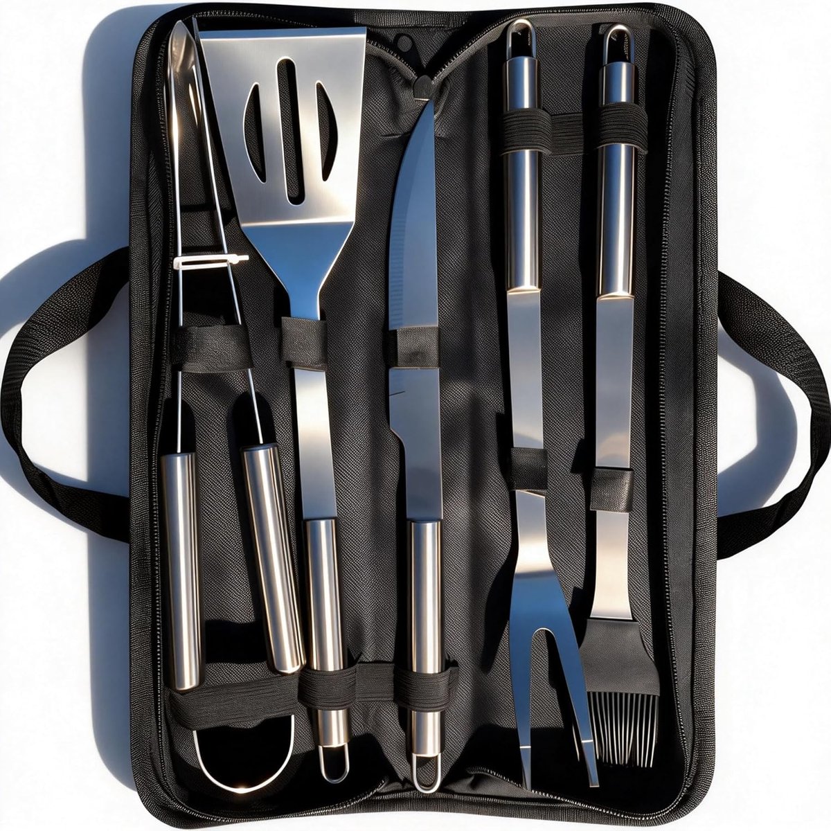 SnelShoppen - 5-delige RVS Barbecue Accessoires Set - Grill Gereedschap Set met Mes, Spatel, Tang, Vork en Siliconen Bakkwast voor Tuin, Camping en Fe