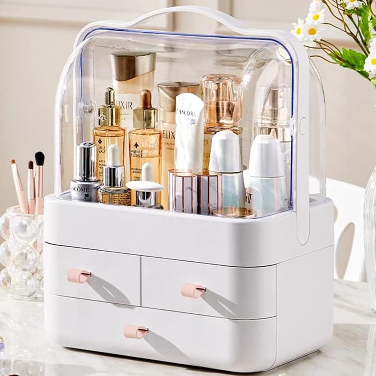 Thijox - Makeup Organizer Roze - Waterbestendig Stof - 3 Lades voor Make-up, Parfum, Skincare en Lipsticks - Perfect voor Thuis en op Reis