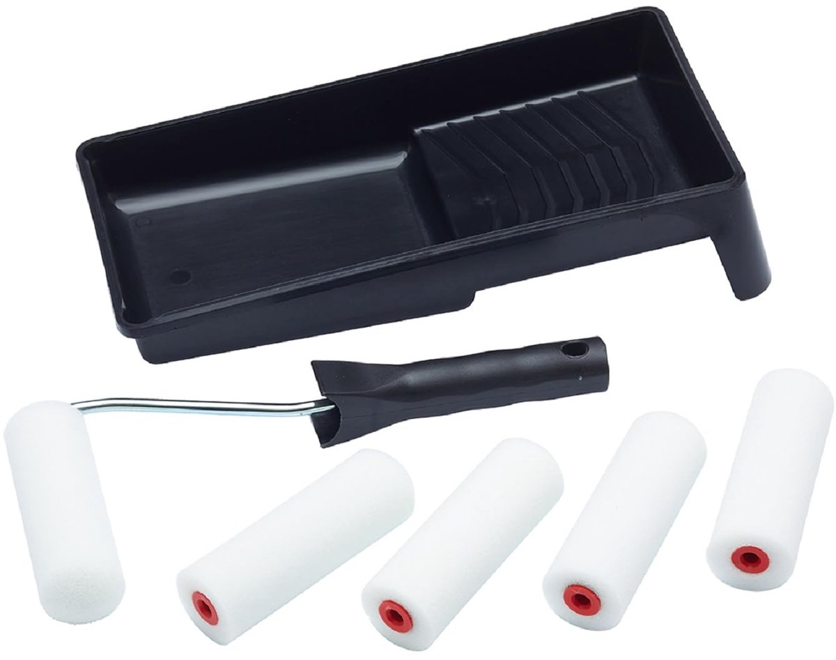 SnelShoppen - 7-delige Mini Schuim Verfrollers Set 4 inch met Frame en Tray voor Glanzende en Satijnen Verf op Plinten, Vensterbanken, Deuren, Kasten,