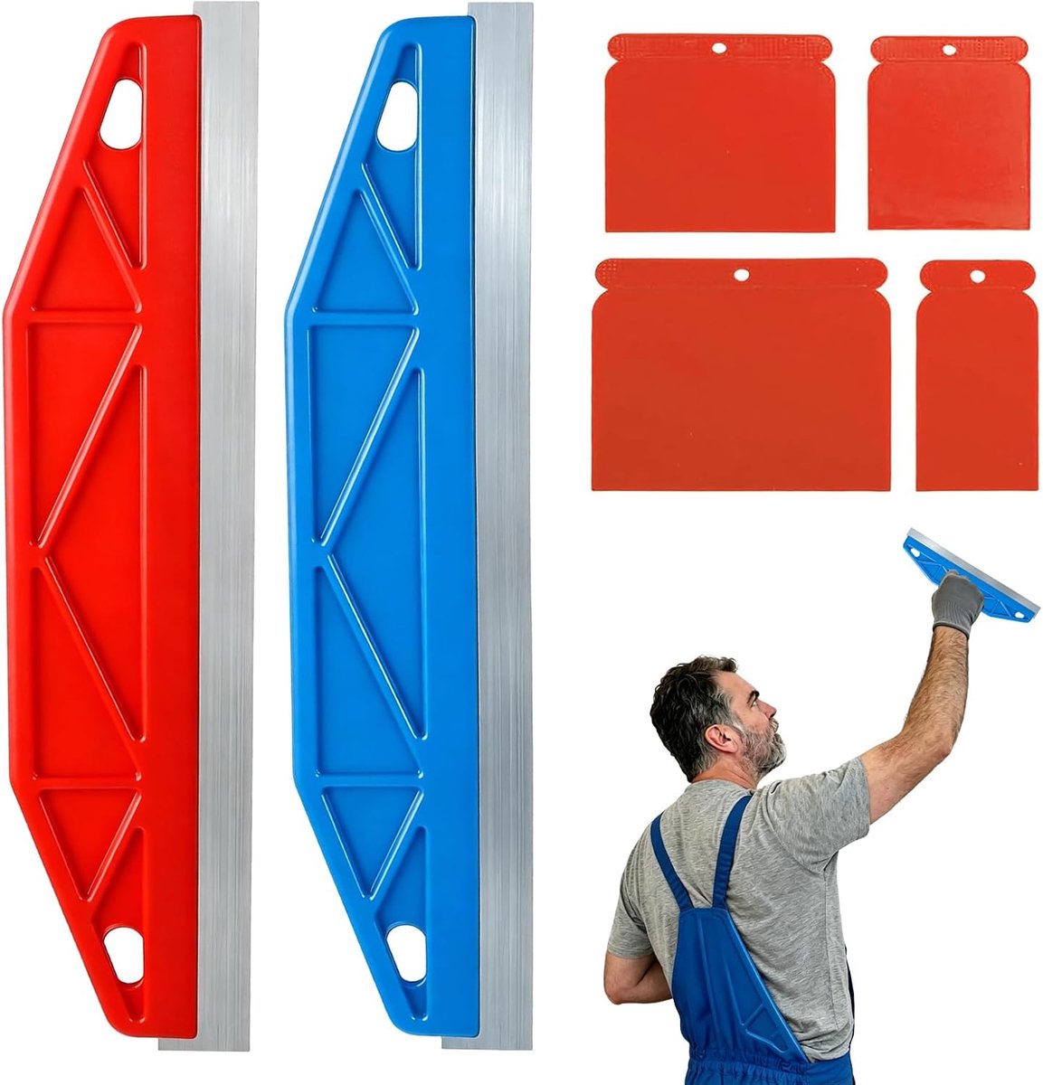 Thijox - Paint Trim Guard Set 2 Behangschrapers (Blauw/Rood) + 4 Kunststof Spatels, Verfrandreiniger voor Schilderen, Behangleggen en Renovaties