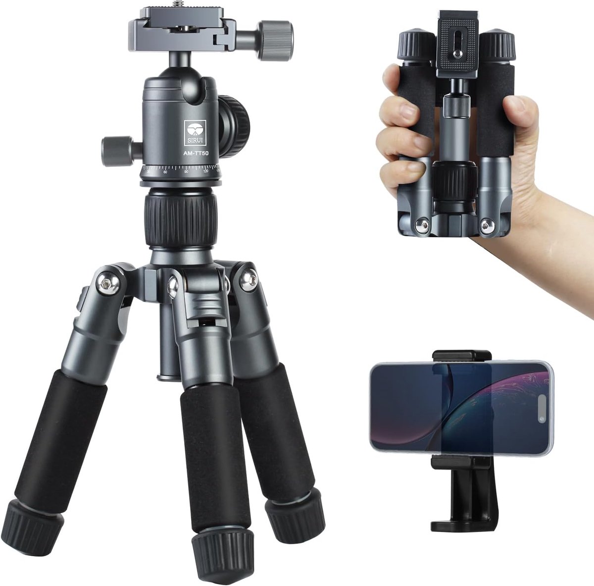 SnelShoppen - Compact Mini Desktop Statief 20 inch Aluminium Draagbaar met 360° Ball Head voor DSLR, Camera en Telefoon, Tot 18 LB, Inclusief Telefoon
