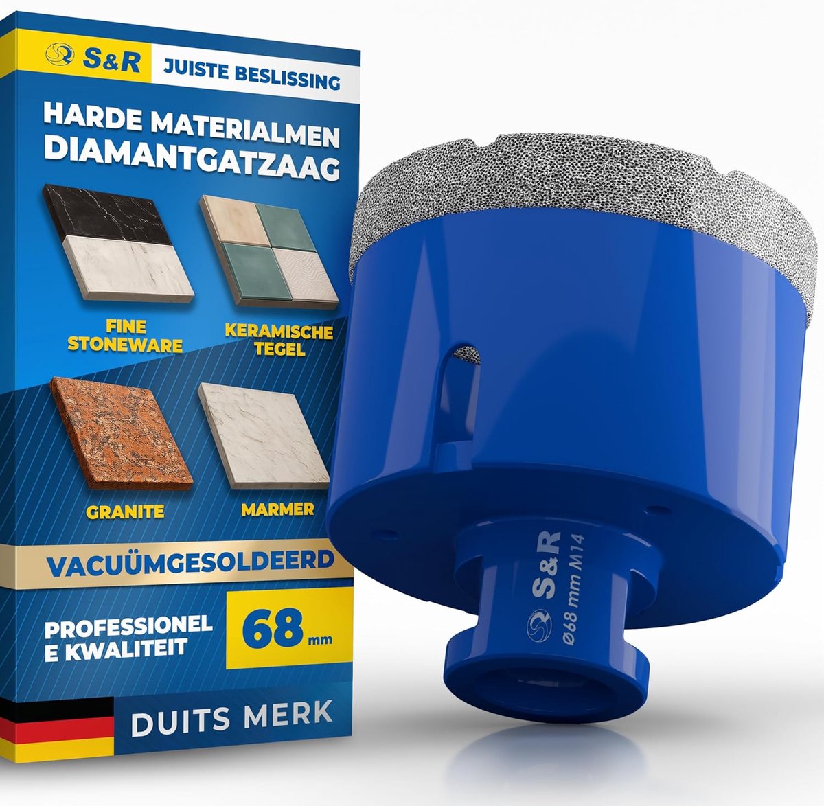 Thijox - Professionele diamanttegelboor 68 mm, M14 schroefdraad, vacuüm gesoldeerde boorkroon voor keramiek, natuursteen, graniet en marmer, ideaal vo