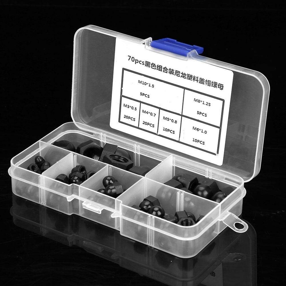 Set van 70 Dome Nuts voor M3/M4/M5/M6/M8/M10 - Zwarte Nylon Klemmoeren voor Bevestiging en Montage