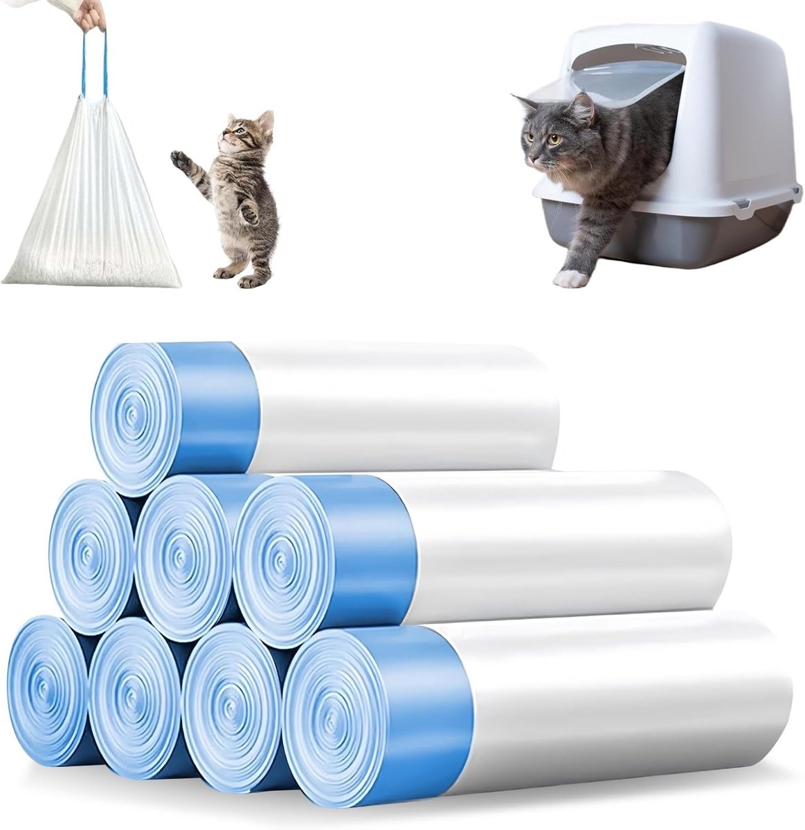 Kattenbakvulling met 8 Rollen, Kattenbak Liners 45 x 50 cm voor Eenvoudig Vervangen en Onderhoud van de Kattenbak met Trekkoord