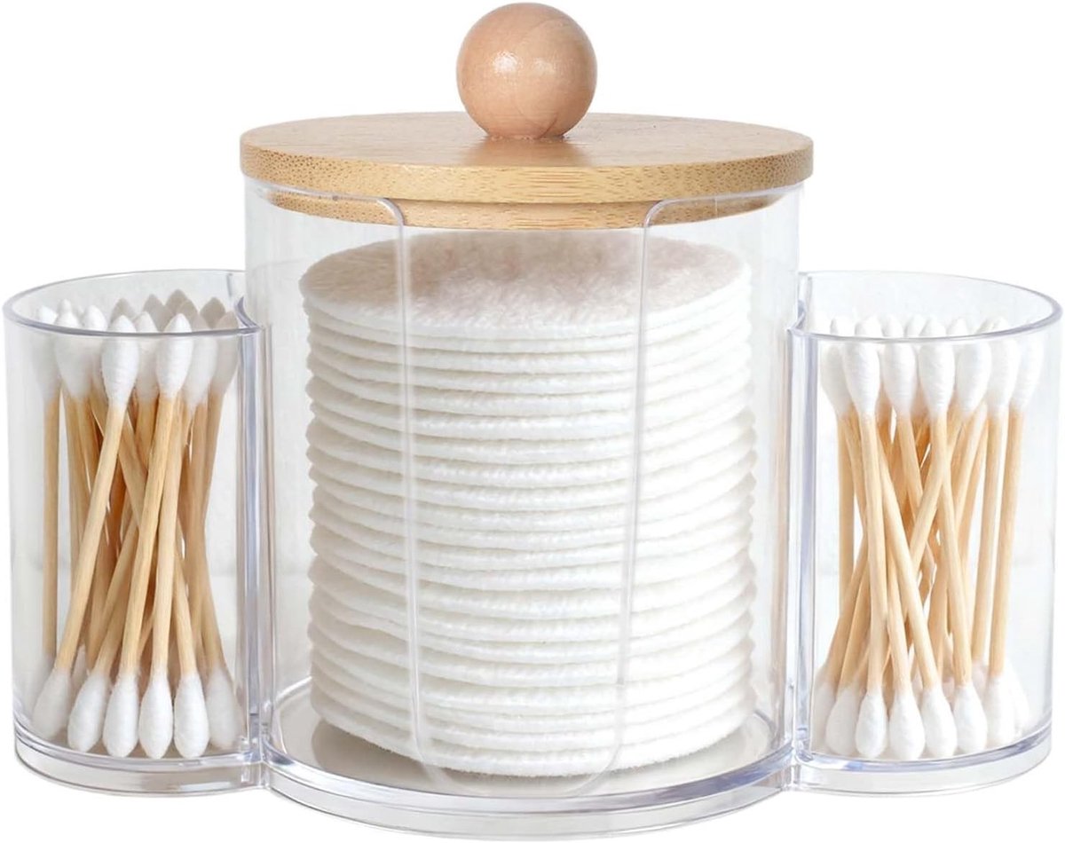 Houder voor wattenpads en wattenstaafjes met houten rand, opbergdoos voor tandenstokers en flosdraad, multifunctionele organizer voor badkamer en slaapkamer