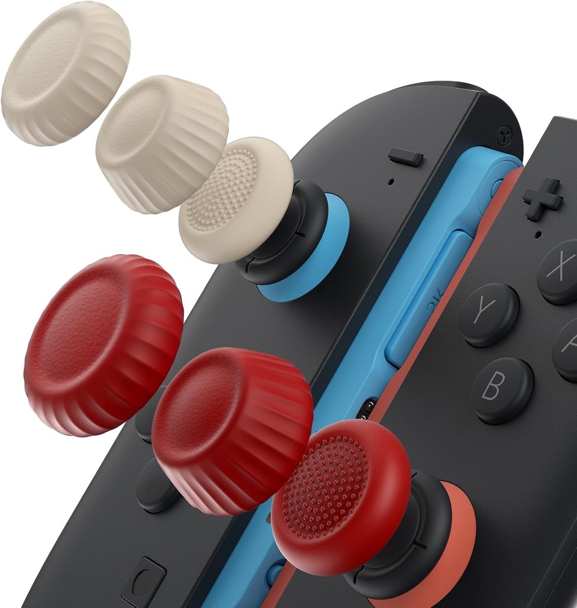 Verbeterde joystickdoppen voor Nintendo Switch 2, comfortabele grip, duurzame accessoires, 3 paar (6 stuks) in rood en beige voor optimale gamingervaring