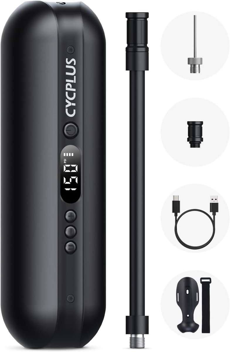 SnelShoppen - Draagbare Elektrische Fietspomp - CYCPLUS I50 PSI Mini Bandenpomp met Digitaal LCD-Ledlicht - Geschikt voor Schrader, Presta, Dunlop Ven