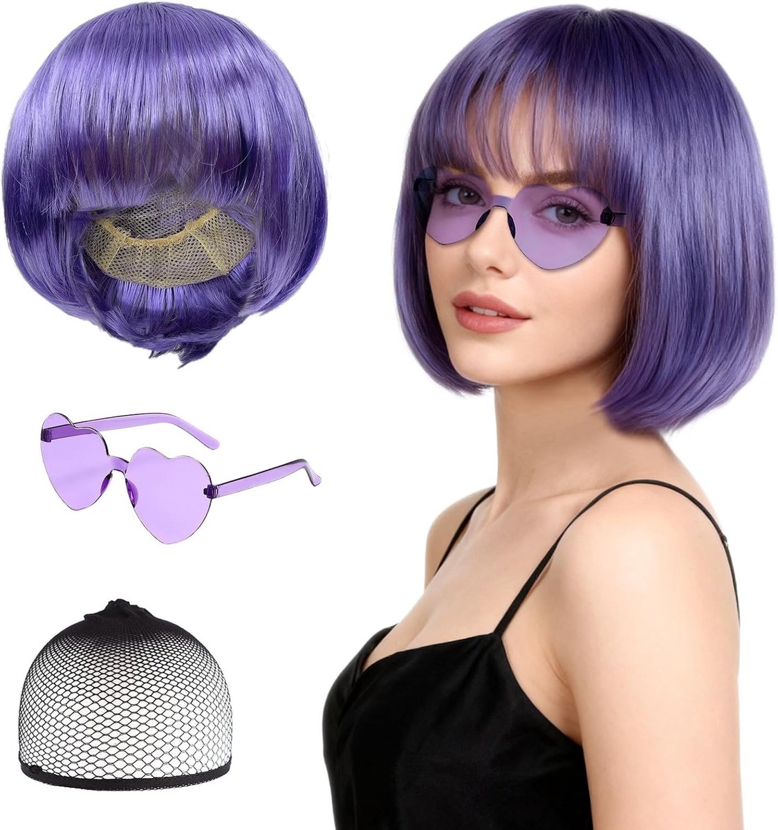 Drie-delige paarse bobperruque voor vrouwen met bangs, inclusief hoed en zonnebril voor themafeesten en carnaval