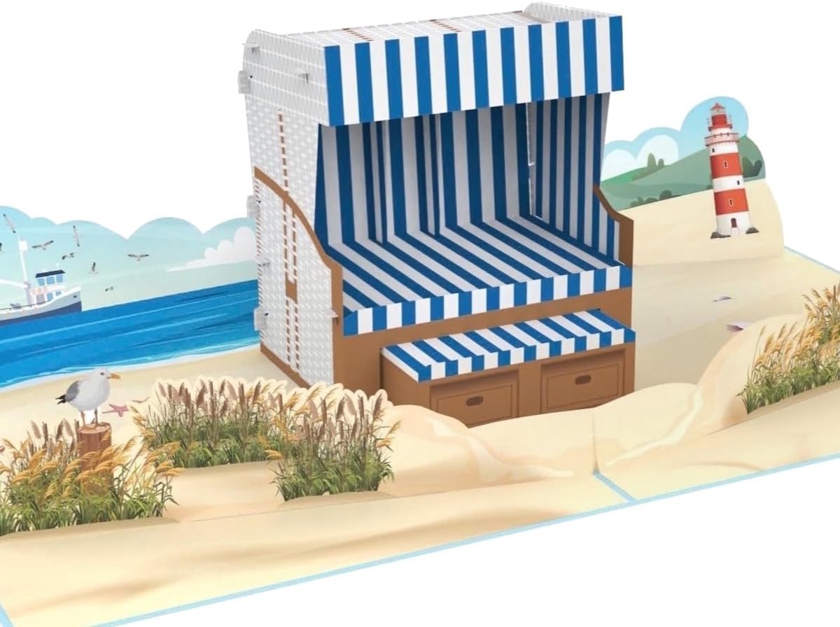 Thijox - MOKIO® Pop-Up Kaart Strandstoel 3D Wenskaart - Verjaardagskaart voor Strandvakantie, Reisbon voor Noordzee of Oostzee - Unieke Wenskaart met