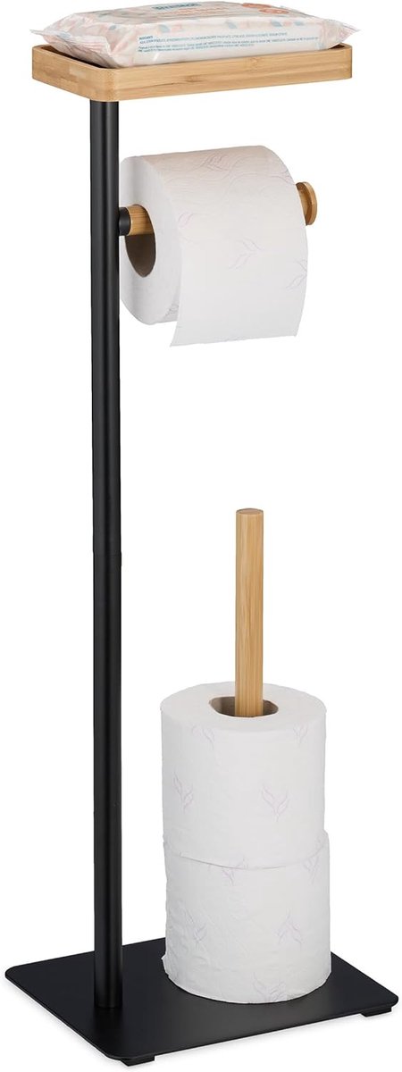 Thijox - Toiletrolhouder met Plankje, Staande WC-Rolhouder voor Reserverollen, IJzer en Bamboe, Zwart/Natuur, Modern en Praktisch voor Badkamer en Toi