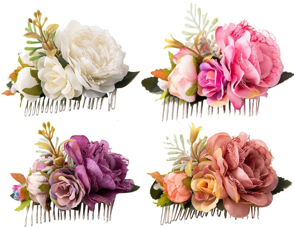 Dailygoods- Haarkammen Set van 4 - Metalen Haarkammen - Kunstbloemen - Bruidsaccessoires - Haarspelden - Geschikt voor Dikke Haar - Haaraccessoires