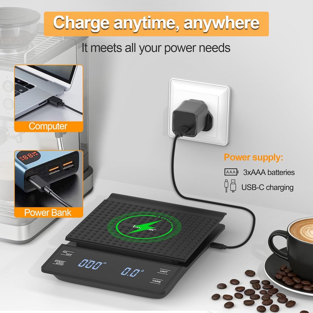 Thijox - Digitale Koffieweegschaal met Timer, 0,1 g/3 kg, Hoge Precisie, Waterdichte Elektronische Keukenweegschaal, Groot LED-Display, Aanraakknop, M