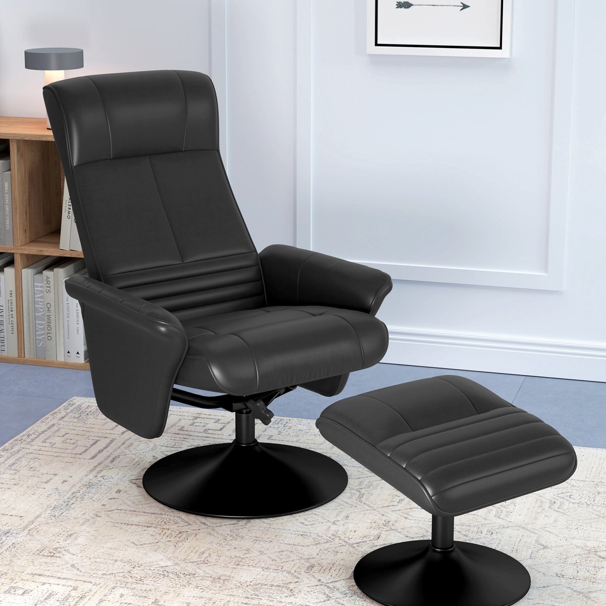 MEUNIQ Relaxfauteuil met hocker draaibare ligfauteuil 69 x 71 x 104 cm handmatig verstelbaar tot 135° met stalen voet voor woonkamer of slaapkamer zwart