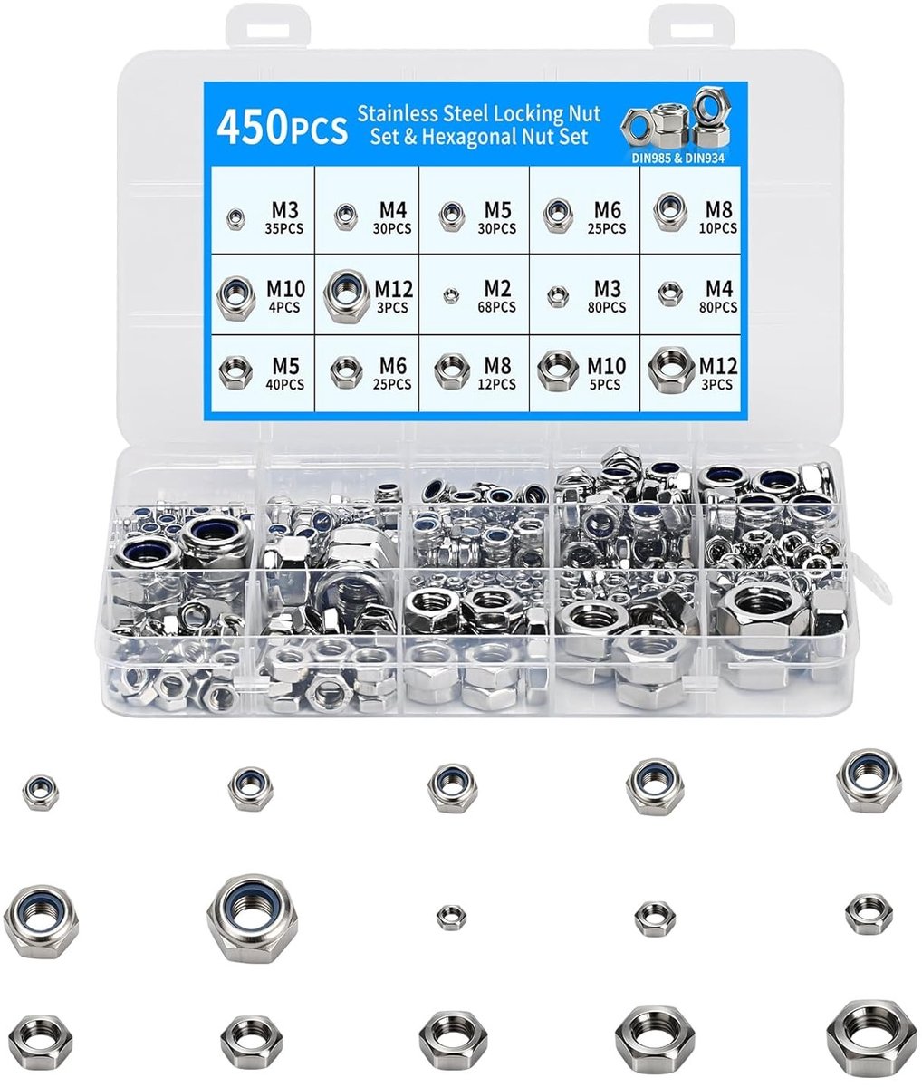 Set van 450 Stuks Zelfvergrendelende Moeren: RVS Moeren met Nylon Inzet voor Schroeven, Bouten en Draadstangen, Geschikt voor M2 M3 M4 M5 M6 M8 M10 M12