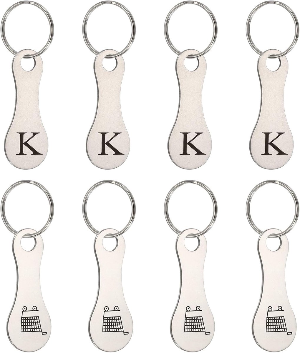 Roestvrijstalen boodschappentrolley munthouders - 8 stuks metalen kwarthouders voor sleutelhangers, ideaal voor supermarkten en winkelen, zilverkleurig met gegraveerde letters en patronen