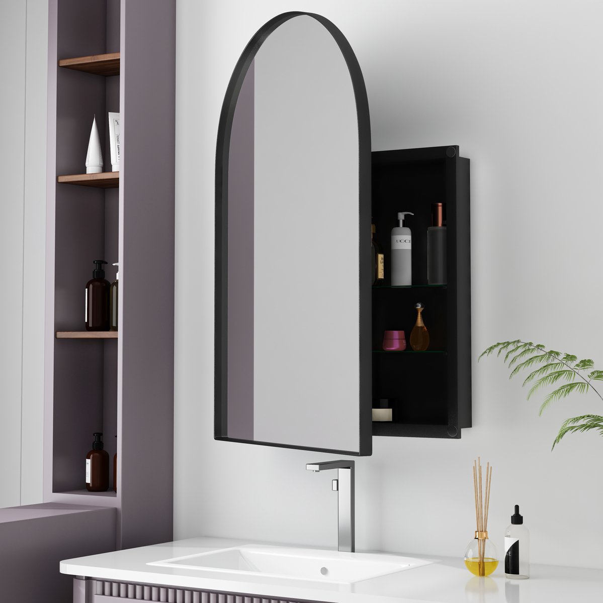 HAUSS SPOLE Spiegelkast - Boogvormig Ontwerp Met Spiegel En Opbergruimte - Voor Badkamer Slaapkamer En Woonkamer - Metaal Zwart - 61x12x91 Cm
