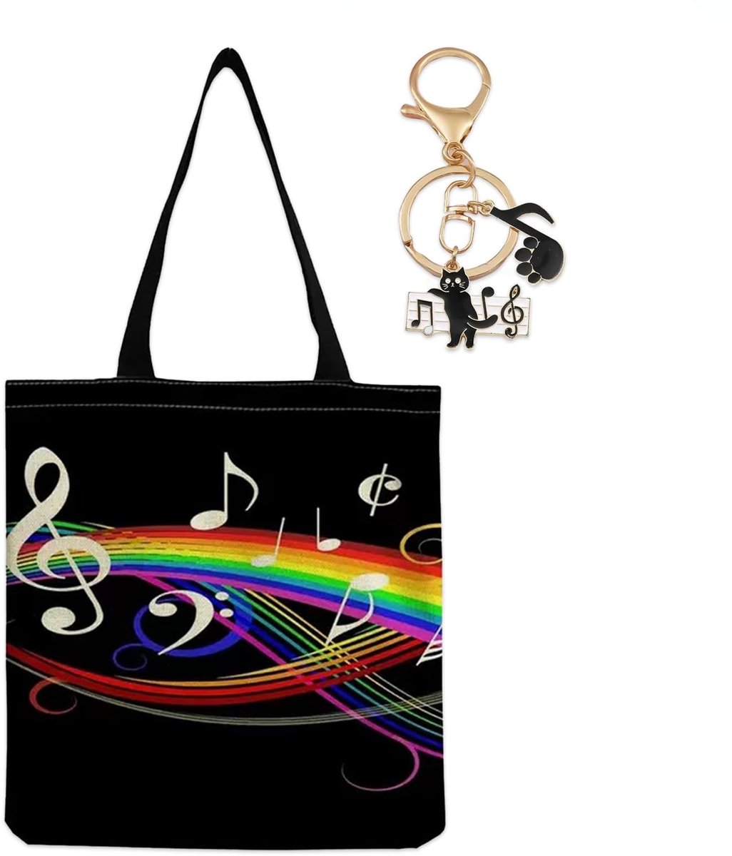 Dailygoods- Boodschappentas Herbruikbaar - Katoenen Shopper met Muziekpatroon - Boodschappentas met Rits - Sleutelhanger Muzieknoot - Afmetingen 38 x 40 cm - Stevig en Duurzaam - Herbruikbare Tas