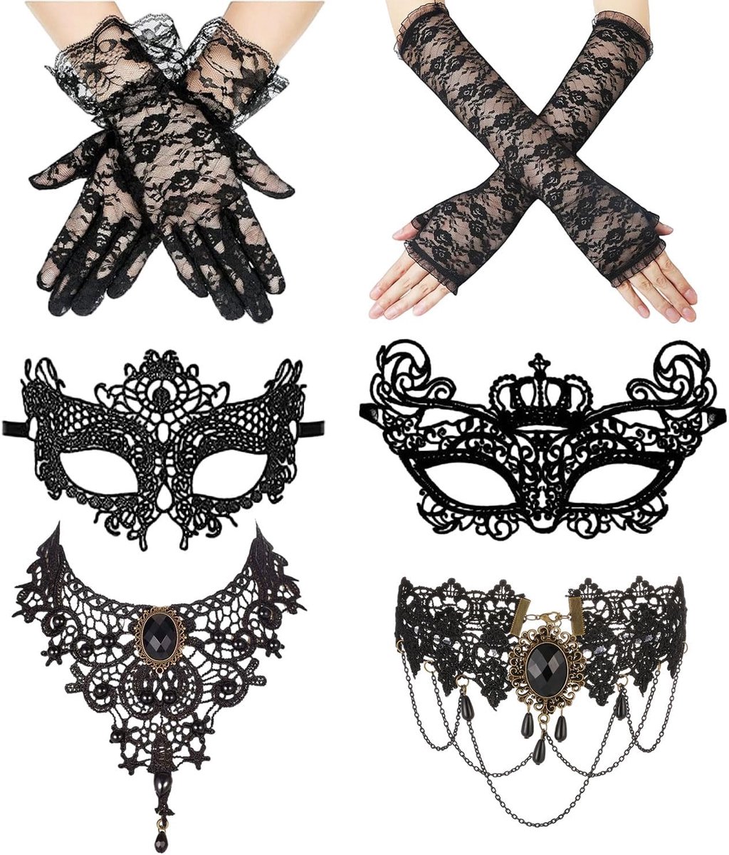 Thijox - Venetiaans masker voor dames, 6 stuks, sexy gothic masker met halsketting, perfect voor carnavalsfeesten, modeshows en podiumoptredens