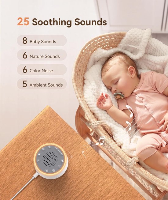 Witte Ruis Machine voor Baby's en Volwassenen - 25 Rustgevende Geluiden, 10 Nachtlampjes, Dimbaar Display, Slaapwekker — afbeelding 2
