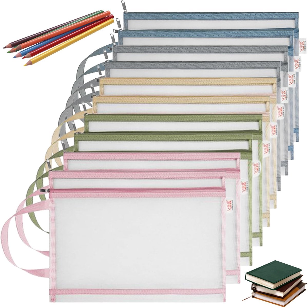 Dailygoods- Opbergtassen 10 Stuks - Dubbellaags Nylon - Ritssluiting - Handvat - Kleurrijke Netvakken - Duurzaam en Machinewasbaar - Opbergtas