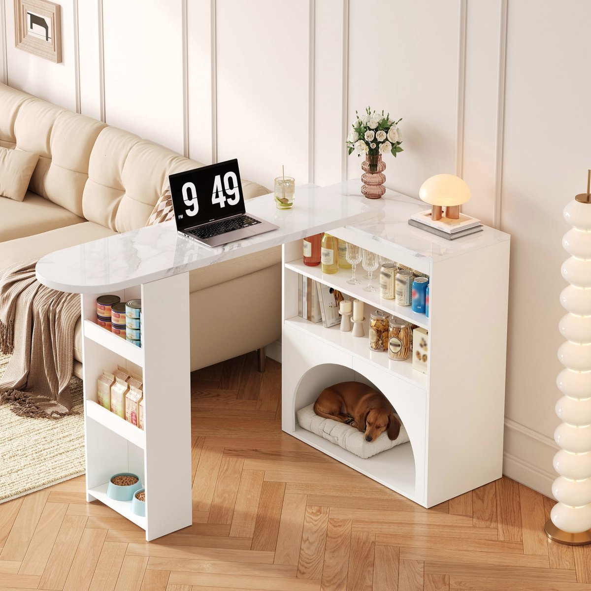 Moderne uitschuifbare bartafel & eettafel - draaibaar - met huisdierruimte - marmerlook -