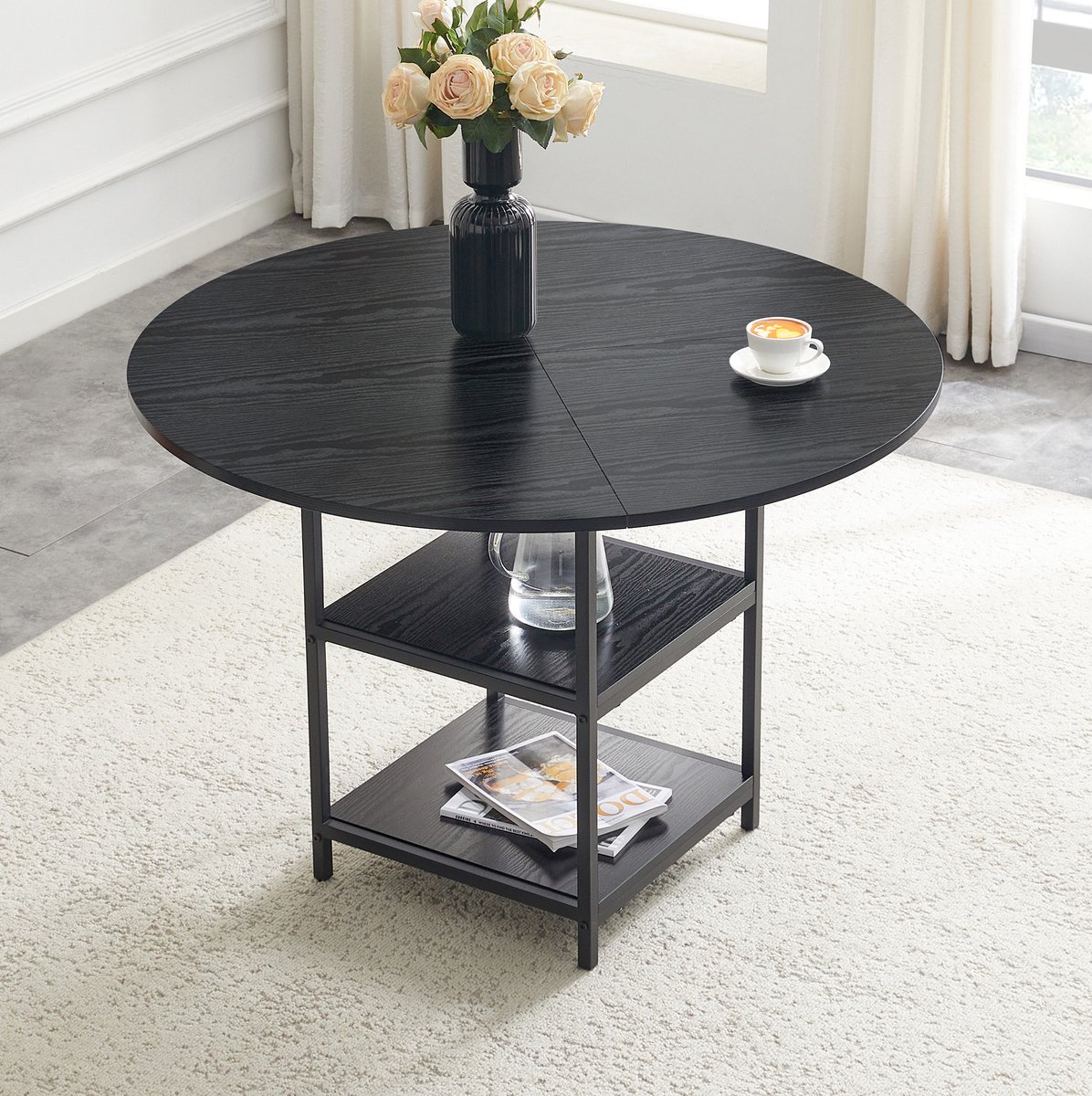 MIVRAY Eettafel - Ronde Tafel Met Dubbel Open Opbergniveau - Industrieel Design Voor Eethoek En Multifunctionele Ruimte - MDF En Metaal - 107x75 Cm - Zwart