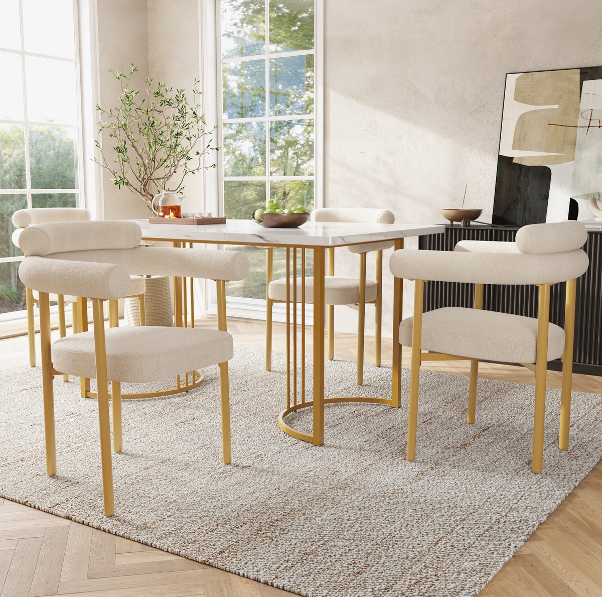 DESMIU Eetkamerstoel 70 x 62 x 85 cm - Set Van 4 Met Armleuningen En Gepolsterde Zitting - Voor Eetkamer, Woonkamer En Werkkamer - Stof En Metaal - Beige Goud