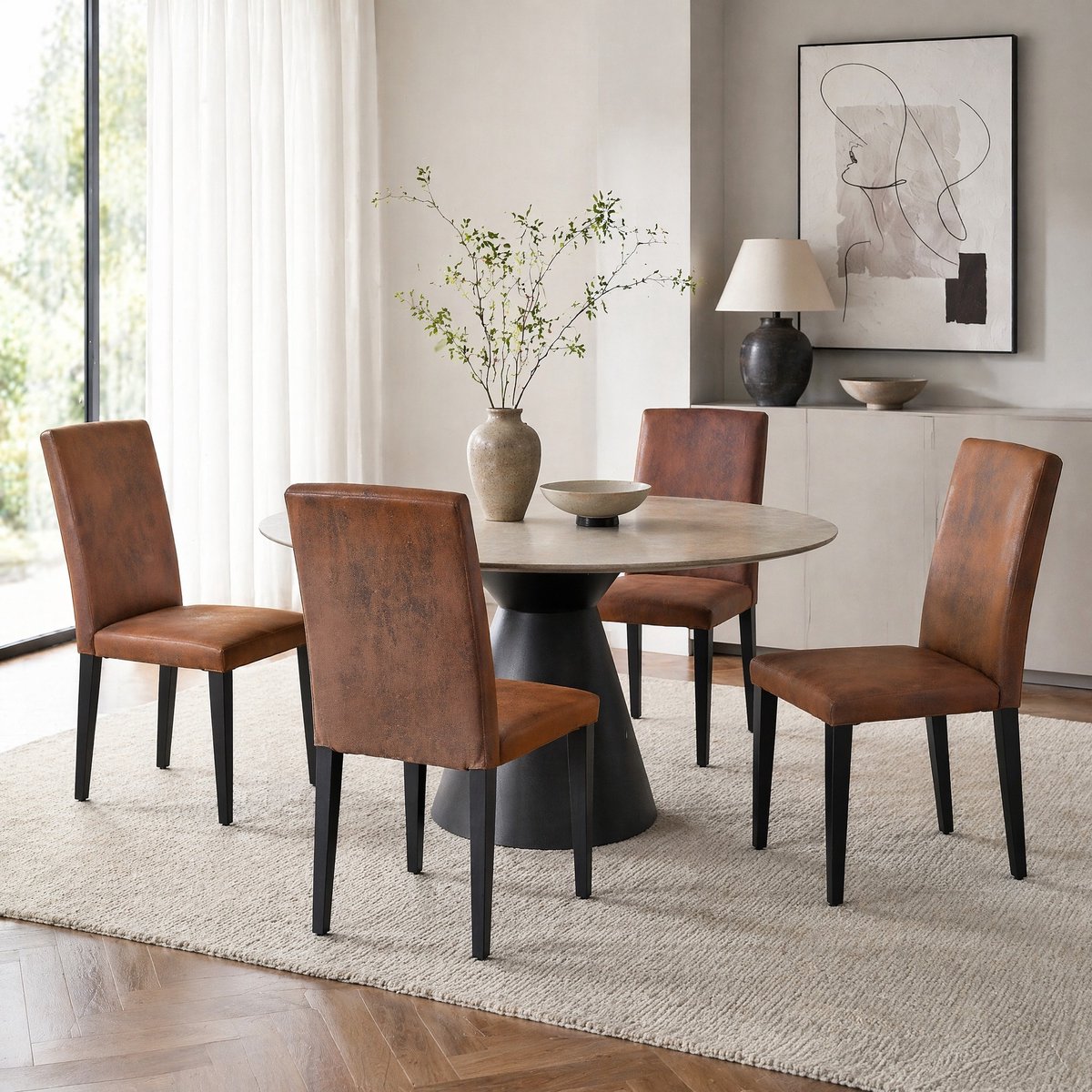 DESMIU Eetkamerstoel 41 Cm - Set Van 4 Met Gestoffeerde Zitting En Hoge Rugleuning - Voor Eetkamer En Woonkamer - Stof Metaal Bruin Zwart