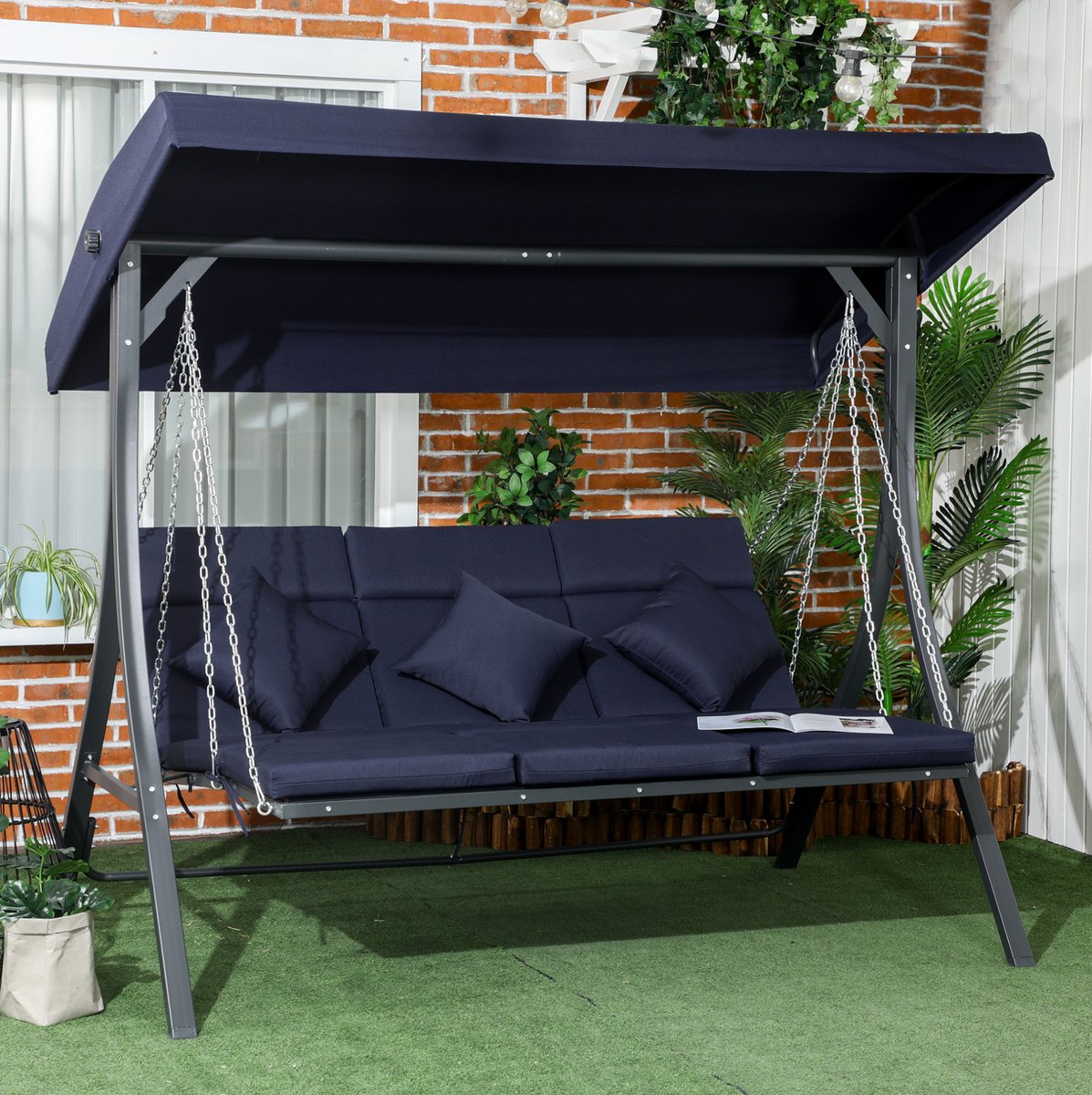 MEUNIQ Schommelbank 3-zits 198 x 118 x 168 cm met verstelbaar zonnedak, kussens, metalen frame en 270 kg draagvermogen voor tuin donkerblauw