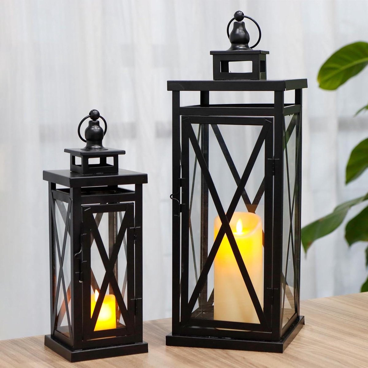 Kaarslantaarns Set - Decoratieve Lantaarns - Sfeerverlichting Buiten - Stevig Metaal - 7 Inch Diameter - Zwart
