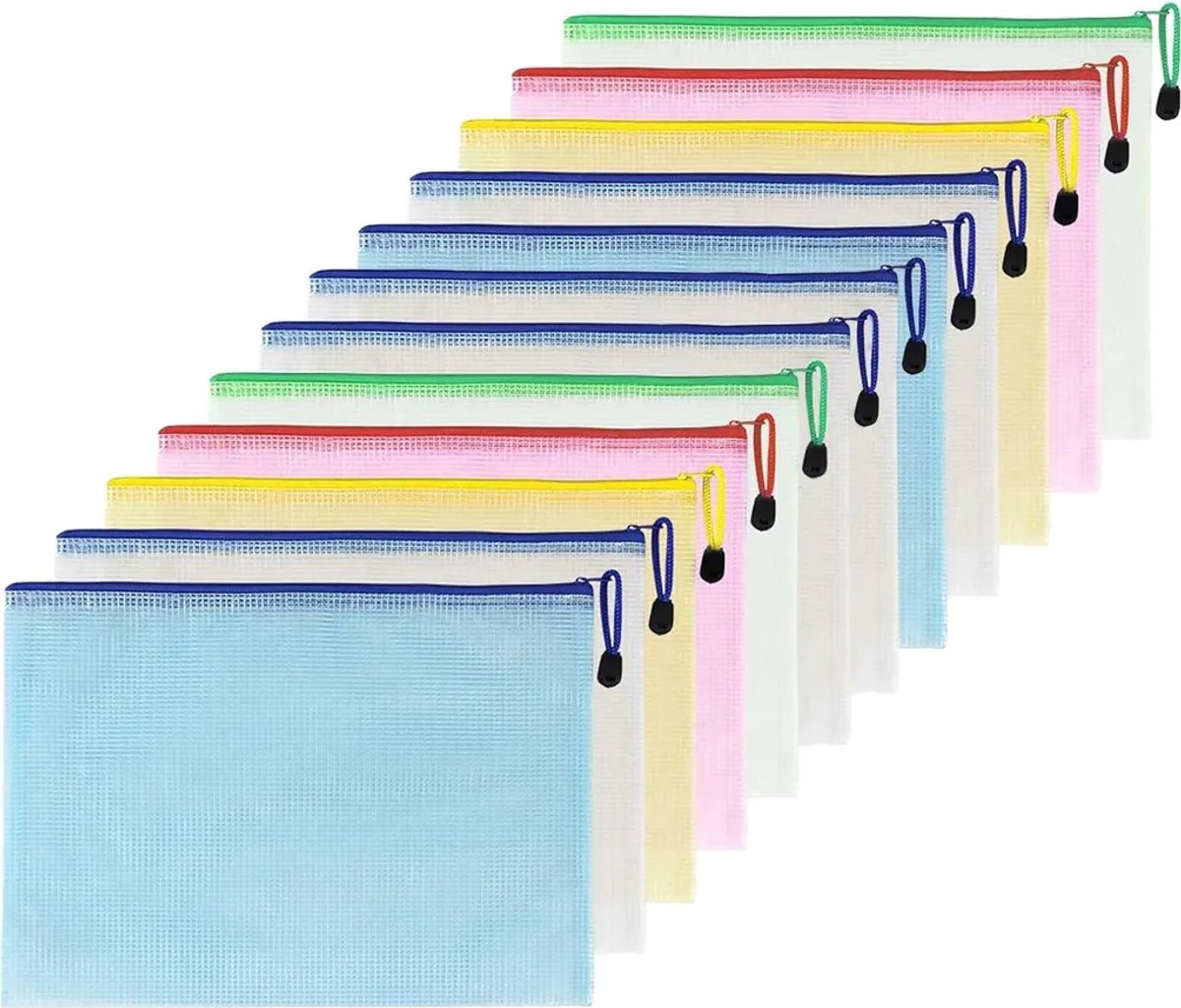 Deze 12-delige A5-documententassenset bevat kleurrijke, waterdichte documententassen met ritssluiting en plastic nettassen met ritssluiting. De tassen zijn geschikt voor het opbergen van documenten, cosmetica, reisaccessoires, enz.