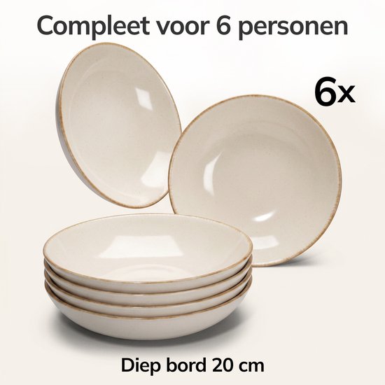 Pure Living Rustic Diepe Borden - Beige - Set Van 6 (Ø 20 cm) - Massief Aardewerk - Landelijk Design - Magnetron & Vaatwasserbestendig — afbeelding 2