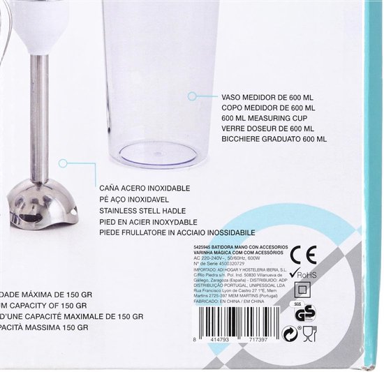 Krachtige Staafmixer Set 600W Wit met Diverse Accessoires voor Keukenwerk — afbeelding 4