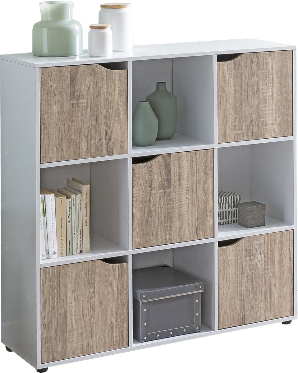 SAMO 89 x 91 x 29 cm Boekenkast met 9 vakken Sonoma | Standplank met 5 deuren | Moderne kubusplankruimteverdeler | Hal kast open | Cuberegal dressoir levende plank