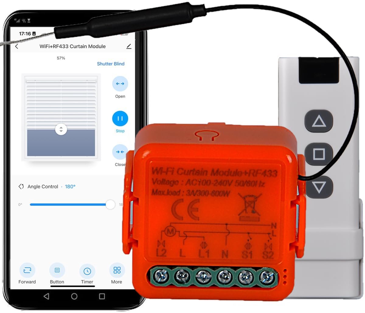 SnelShoppen - WiFi Shutter Switch voor Elektrische Rolgordijnen en Jaloezieën, RF Afstandsbediening, Ontvanger Module, 433 MHz, Timer Functie