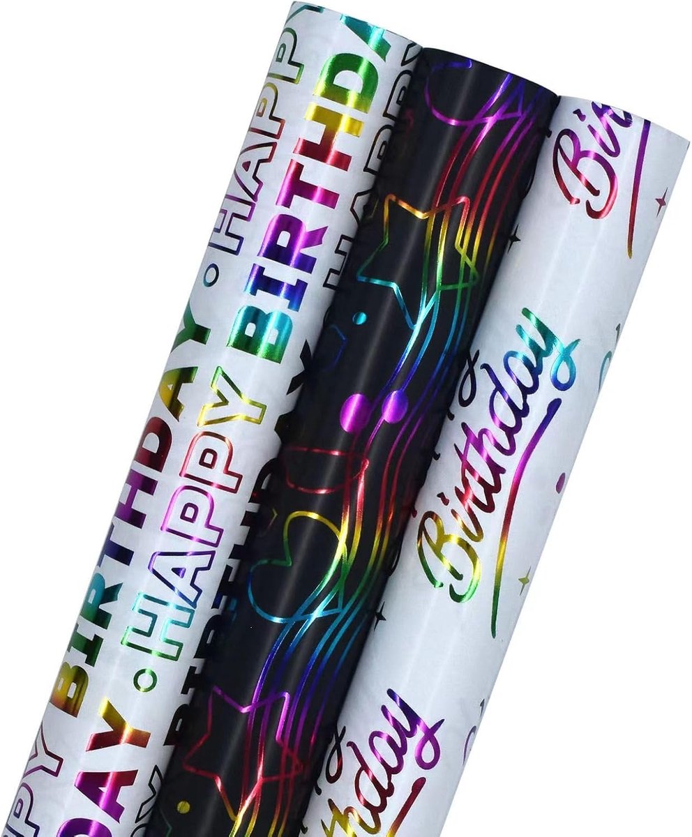 SnelShoppen - 3 Rollen Cadeaupapier 43 cm x 3 m Metallic en Briljant Inpakpapier voor Verjaardag, Bruiloft, Babyshower, Festival - Veelkleurig en Prac