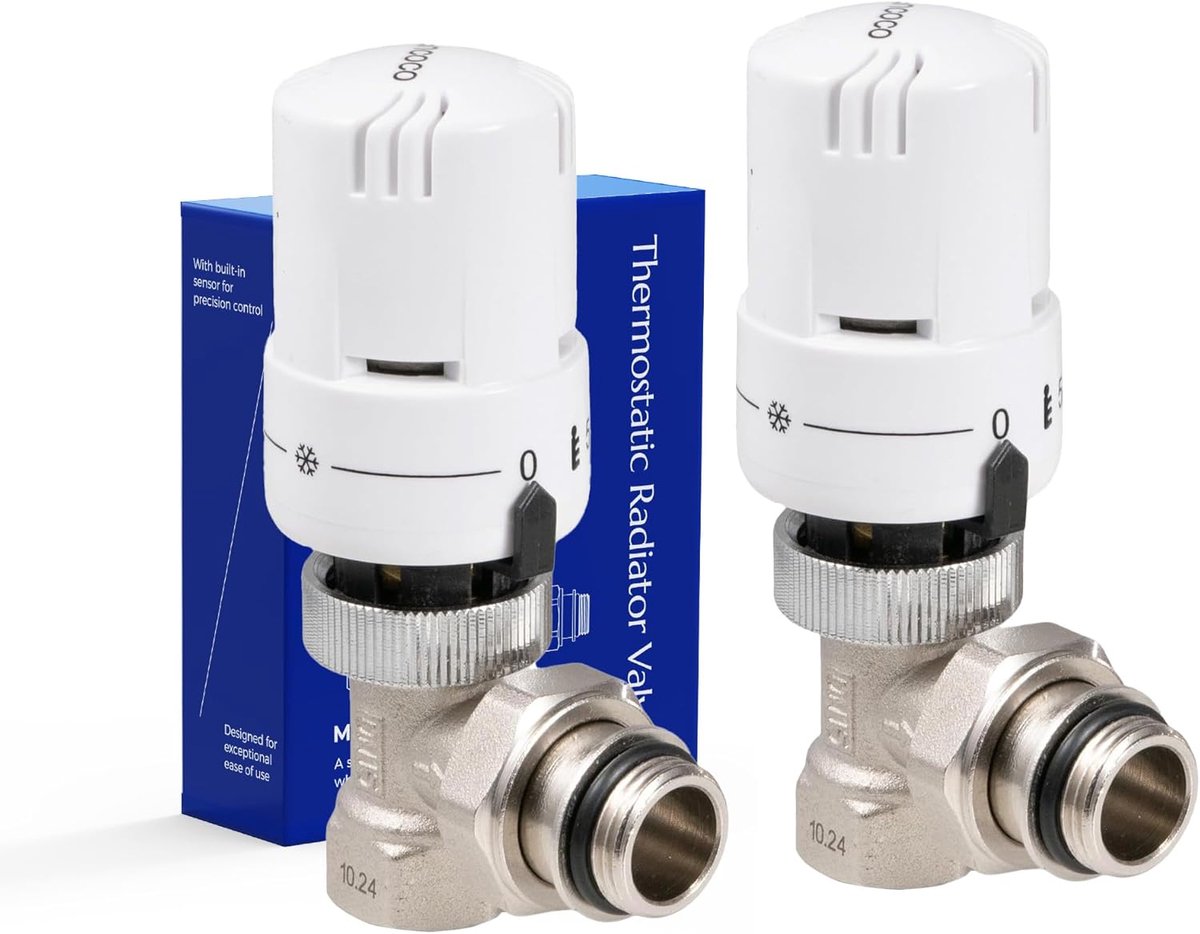 Thijox - 2 Stk. G1/2 Thermostatventil voor Radiator - Hoekvorm - Wit - Verwarmingsventiel met Vloeistofsensor en Vorstbescherming - Inclusief Afdichti