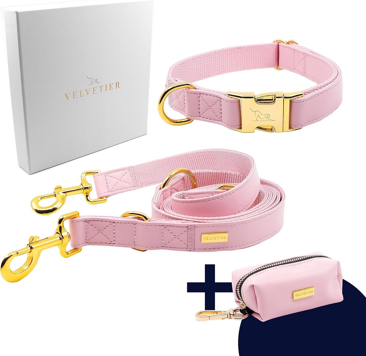SnelShoppen - Hondenhalsband Set met Leash & Poepzakdispenser - Vegan Leer - Hondenhalsband en Hondenriem 2 m - M/L: 39-59 cm - Roze Elegantie met Gou