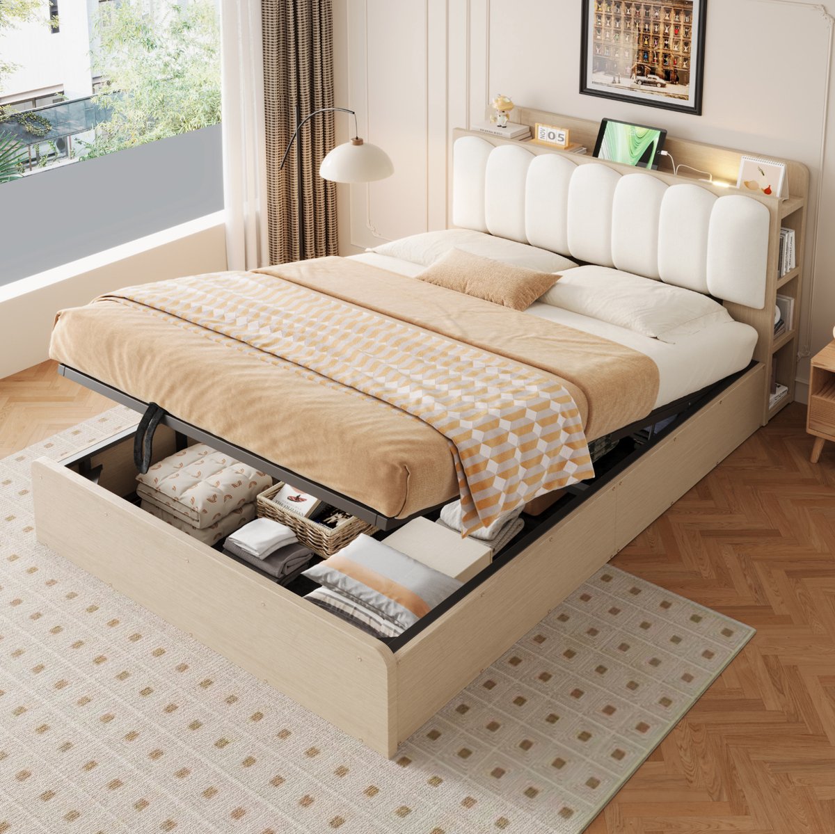 FloraGrace Bed 140x200 cm - Hydraulisch Bedframe Met USB Oplaadpunten En Nachtlicht - Met Opbergruimte - Tweepersoons - Hout En Stof - Naturel Hout - Zonder Matras